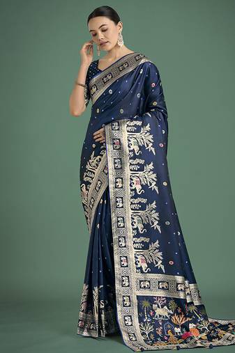 blue woven banarasi satin silk saree 
