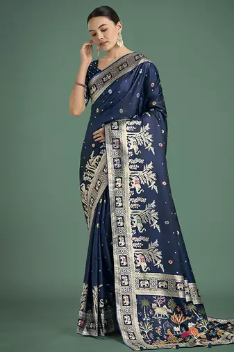 blue woven banarasi satin silk saree 