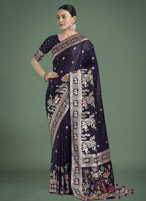 Purple banarasi satin silk zari woven work saree 1