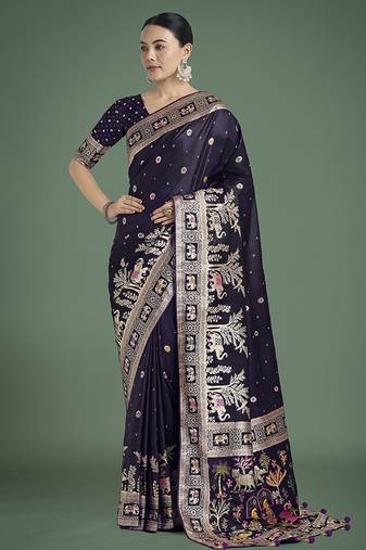 purple woven banarasi satin silk saree 