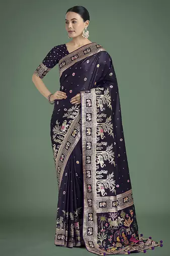 purple woven banarasi satin silk saree 