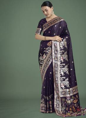 Purple banarasi satin silk zari woven work saree 2