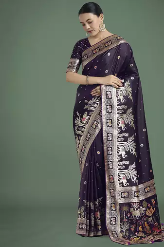Purple banarasi satin silk zari woven work saree