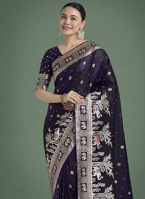 Purple banarasi satin silk zari woven work saree 3