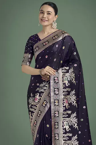 Purple banarasi satin silk zari woven work saree