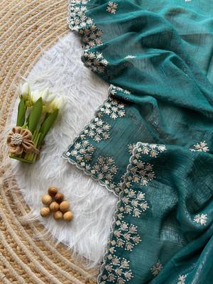 Emerald Zari Floral Embroidery With Sequins Work Crushed silk blend Saree 1