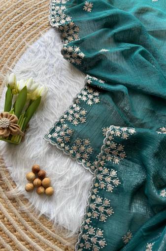 Emerald Zari Floral Embroidery With Sequins Work Crushed silk blend Saree