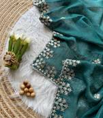 Emerald Zari Floral Embroidery With Sequins Work Crushed silk blend Saree