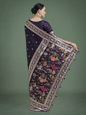 Purple banarasi satin silk zari woven work saree 4