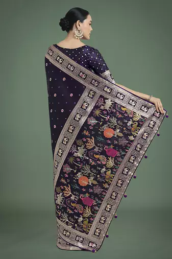 Purple banarasi satin silk zari woven work saree
