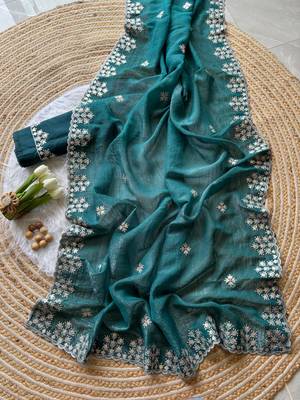 Emerald Zari Floral Embroidery With Sequins Work Crushed silk blend Saree 2