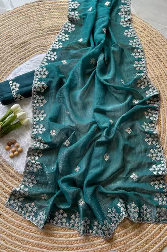 Emerald Zari Floral Embroidery With Sequins Work Crushed silk blend Saree