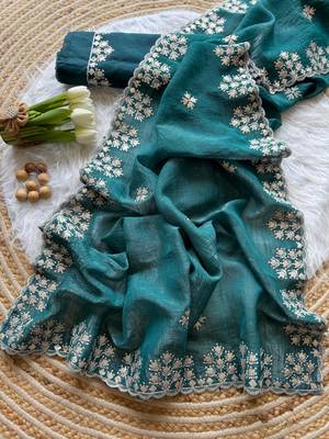 Emerald Zari Floral Embroidery With Sequins Work Crushed silk blend Saree 3