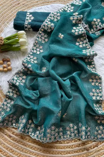 Emerald Zari Floral Embroidery With Sequins Work Crushed silk blend Saree
