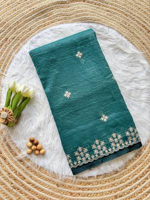 Emerald Zari Floral Embroidery With Sequins Work Crushed silk blend Saree 4