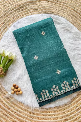 Emerald Zari Floral Embroidery With Sequins Work Crushed silk blend Saree