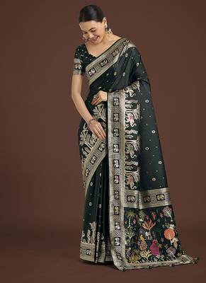 Dark Green banarasi satin silk blend zari woven work saree 1