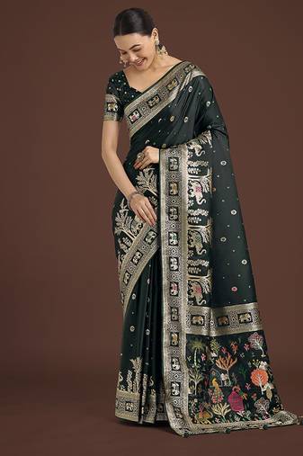 dark green woven banarasi satin silk saree 