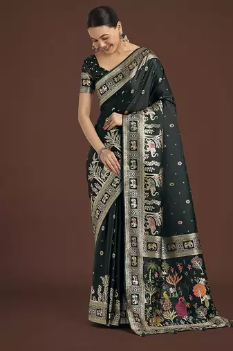 dark green woven banarasi satin silk saree 