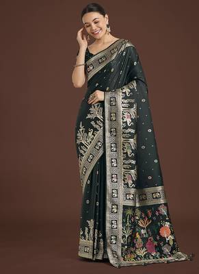 Dark Green banarasi satin silk blend zari woven work saree 2