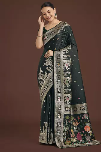 Dark Green banarasi satin silk blend zari woven work saree