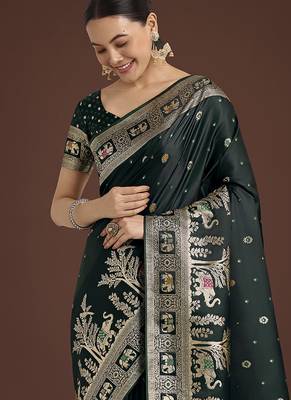 Dark Green banarasi satin silk blend zari woven work saree 3