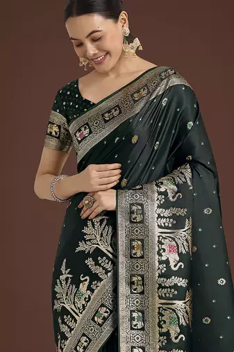 Dark Green banarasi satin silk blend zari woven work saree