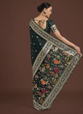 Dark Green banarasi satin silk blend zari woven work saree 4