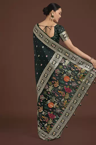 Dark Green banarasi satin silk blend zari woven work saree
