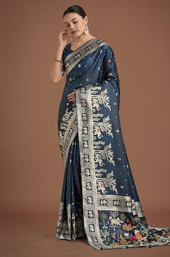 dark teal woven banarasi satin silk saree 