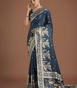 dark teal woven banarasi satin silk saree 