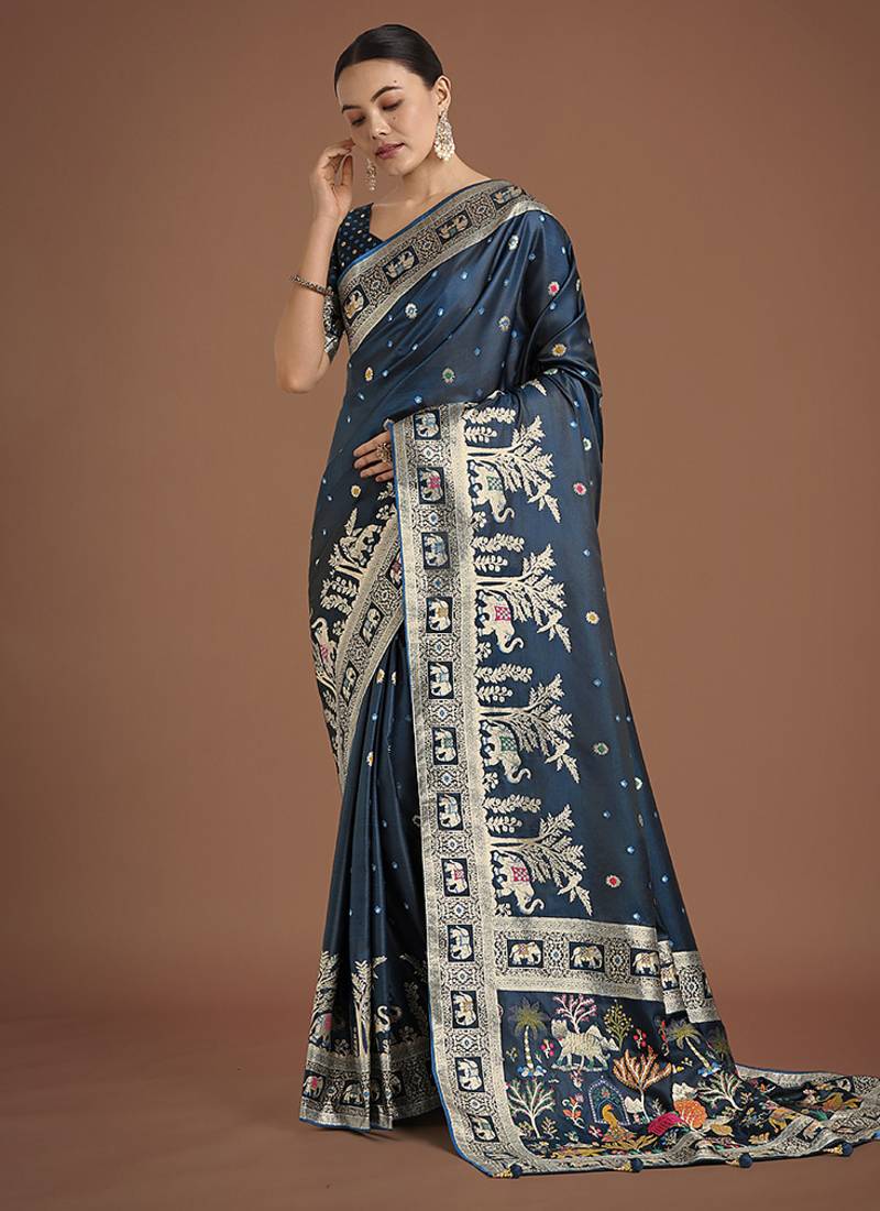 dark teal woven banarasi satin silk saree 