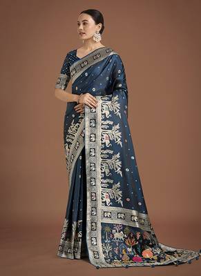 Dark Teal banarasi satin silk blend zari woven work saree 2