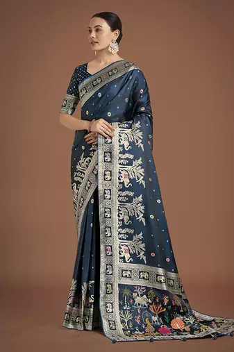 Dark Teal banarasi satin silk blend zari woven work saree