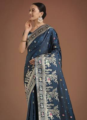 Dark Teal banarasi satin silk blend zari woven work saree 3