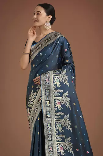Dark Teal banarasi satin silk blend zari woven work saree