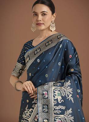 Dark Teal banarasi satin silk blend zari woven work saree 4