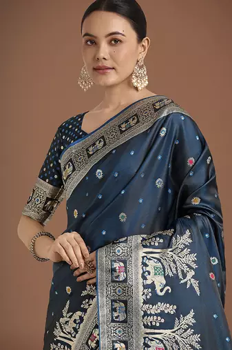 Dark Teal banarasi satin silk blend zari woven work saree