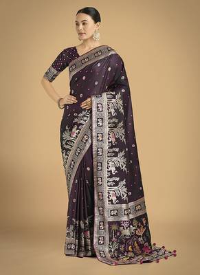 Wine banarasi satin silk blend zari woven work saree 1
