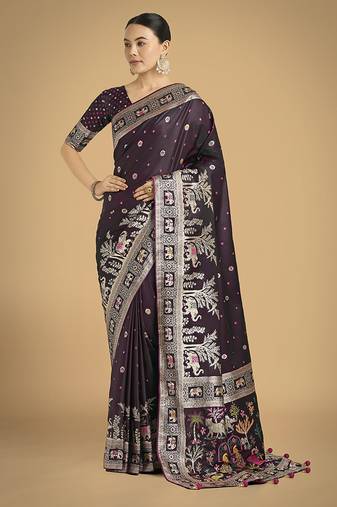 wine woven banarasi satin silk saree 