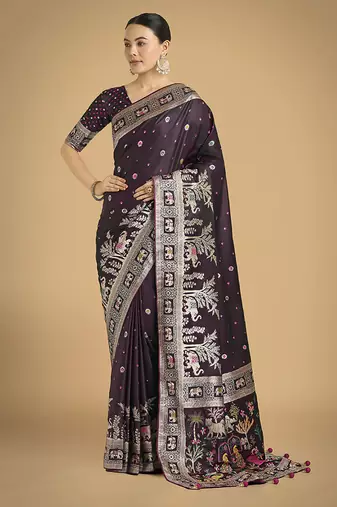 wine woven banarasi satin silk saree 