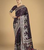 wine woven banarasi satin silk saree 