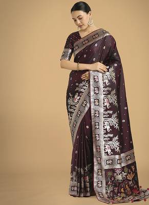 Wine banarasi satin silk blend zari woven work saree 2