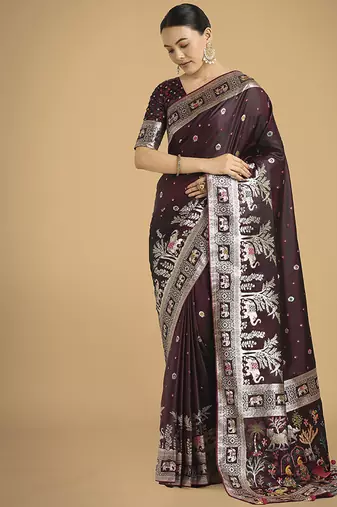 Wine banarasi satin silk blend zari woven work saree