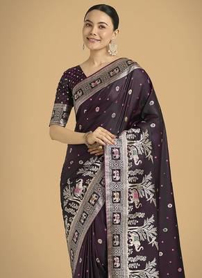 Wine banarasi satin silk blend zari woven work saree 3