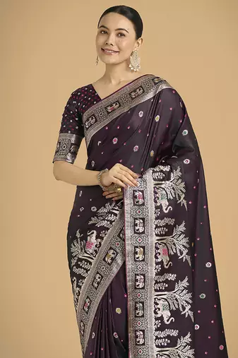 Wine banarasi satin silk blend zari woven work saree