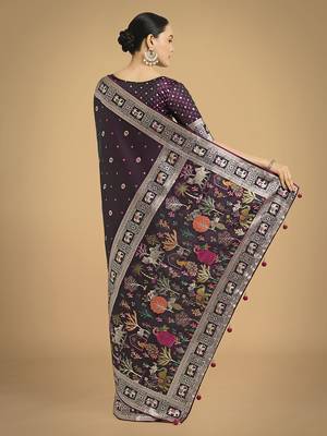 Wine banarasi satin silk blend zari woven work saree 4