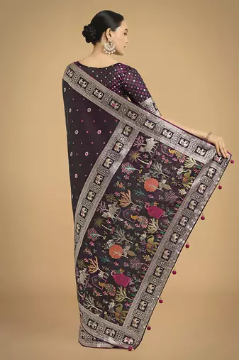Wine banarasi satin silk blend zari woven work saree