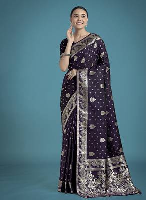 purple woven banarasi satin silk blend saree 1