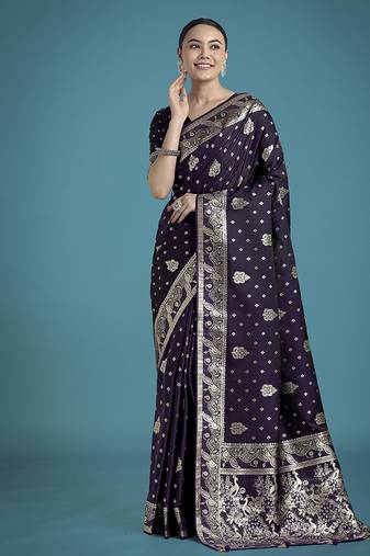 purple woven banarasi satin silk saree